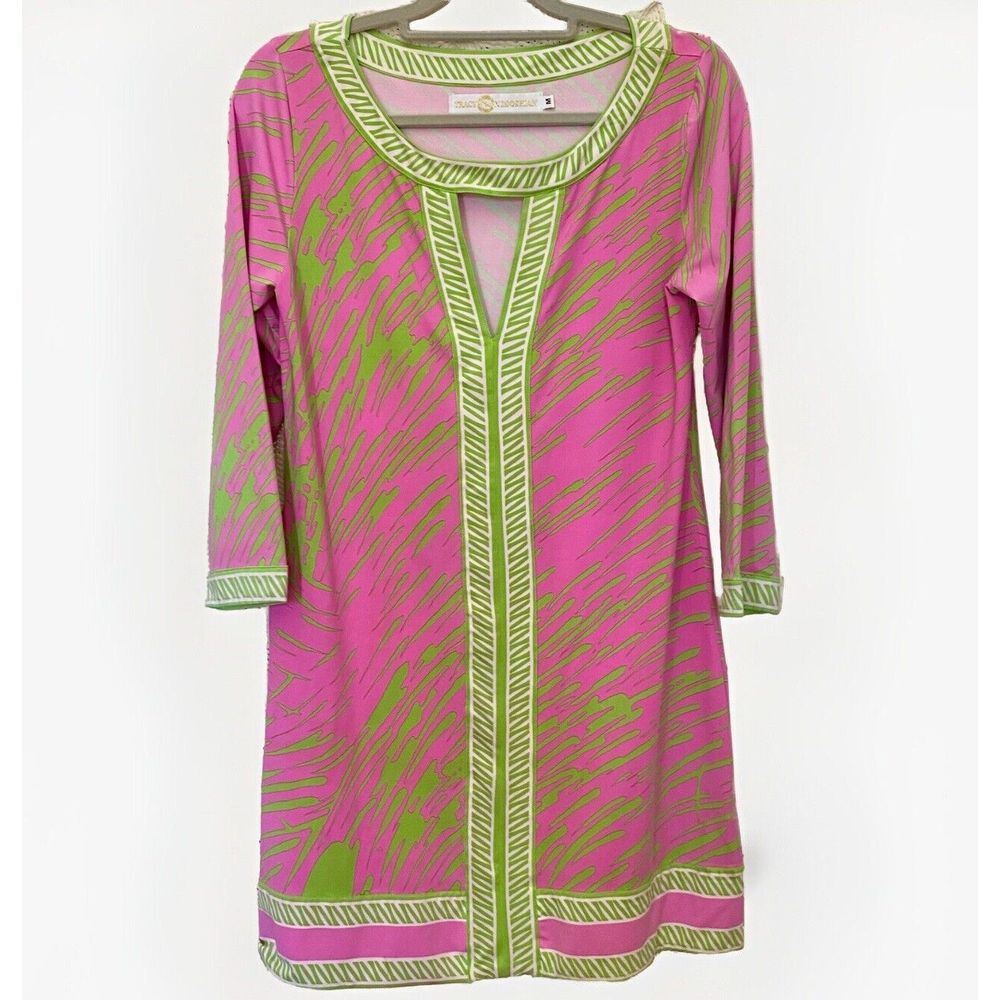 Tracy Negoshian Keyhole Dress M Swim Dress Short Preppy Pink Kelly Green